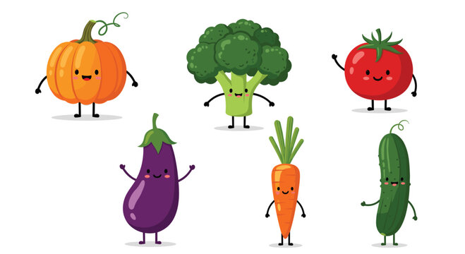 Set of six cute and happy cartoon vegetable characters with faces, arms, and legs, including a pumpkin, broccoli, and tomato.
