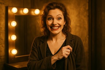 Joyful performer preparing backstage theater portrait intimate setting close-up enthusiasm and artistry