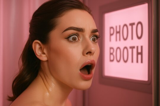 Surprised woman captured in photo booth event venue portrait indoor close-up fun experience