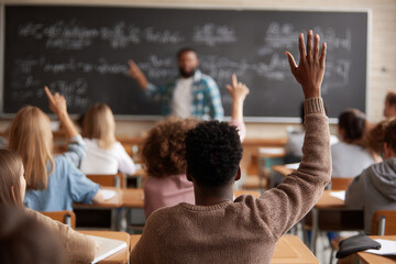 Students raise hands in classroom during lesson about mathematics or science with teacher explaining concepts at the blackboard