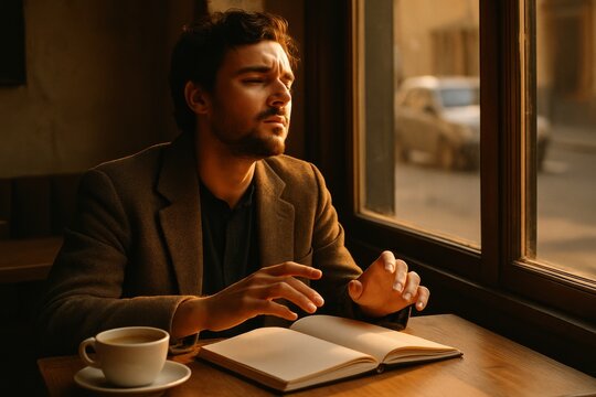 Contemplative man in coffee shop urban setting lifestyle shot soft lighting introspective mood