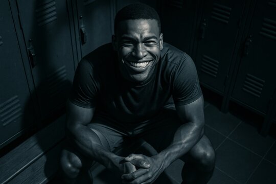 Athlete preparing for competition gym locker room portrait dark environment close-up motivation