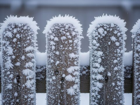 Close-up of wooden fence posts covered in intricate frost crystals on a winter day