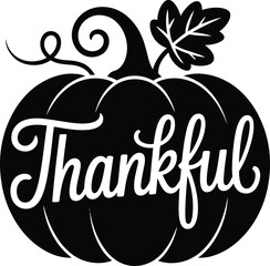 Black thankful pumpkin silhouette with autumn leaf and tendril