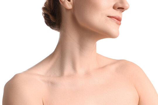 Woman with normal skin on white background, closeup