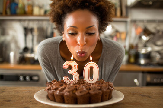 Woman blowing out candles on a cake at a birthday celebration in a cozy kitchen setting during the daytime - Powered by Adobe