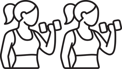 Isolated female fitness dumbbell icon, thin outline workout vector, clean gym pose silhouette, ponytail figure minimal style, strength exercise symbol, modern fitness illustration