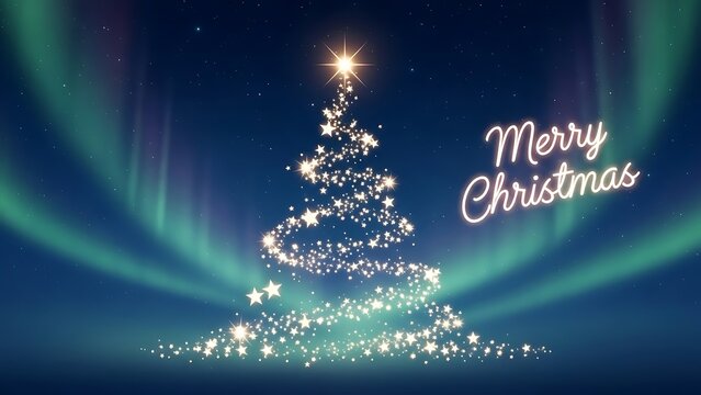 Merry christmas greeting with sparkling tree and aurora borealis