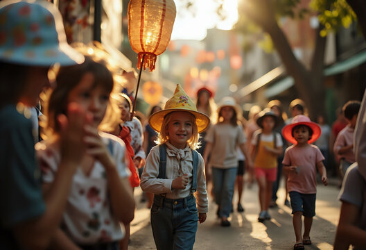 A diverse group of children walks down a sunlit street during a festive gathering, focusing on a young girl in overalls and a pointed hat holding a glowing paper lantern.