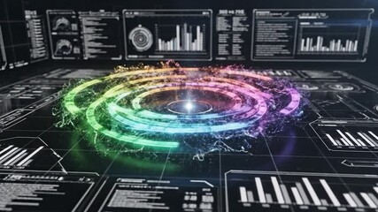 Futuristic digital interface with glowing data visualizations and charts - Powered by Adobe
