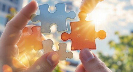 Hands connecting puzzle pieces creating solution outdoors