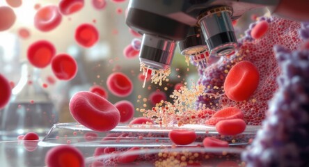 Medical microscope analyzing red blood cells and platelets