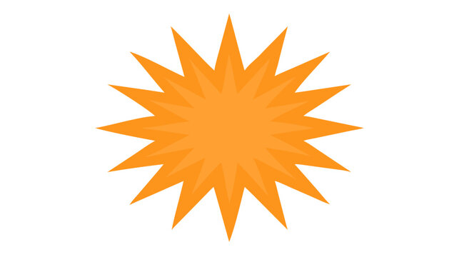 Vibrant orange starburst illustration with sharp points creating a dynamic sunburst shape. Abstract graphic element for icons or badges, isolated on white