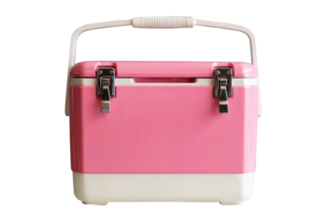 Retro Pink and White Portable Cooler Box with Handle Isolated on Transparent Background