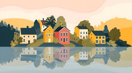 Naklejka premium Charming Scandinavian lakeside scene serene homes gentle hills idyllic travel poster art