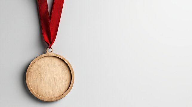 Wooden medal with a red ribbon hanging against a white background