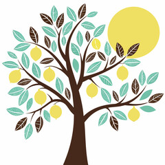Obraz premium Vector illustration stylized illustration of a lemon tree with yellow fruit and teal and brown leaves against a bright yellow sun