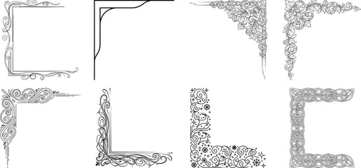 Set of decorative corner ornaments and borders for design isolated on transparent background
