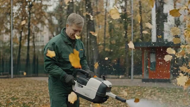 A man uses a leaf blower to clear leaves from the ground in a park. It is autumn, and the leaves fall from the trees
