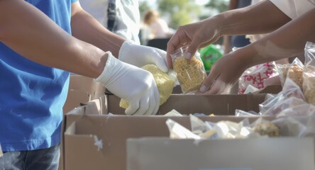 Volunteers packing food donations in boxes for charity
