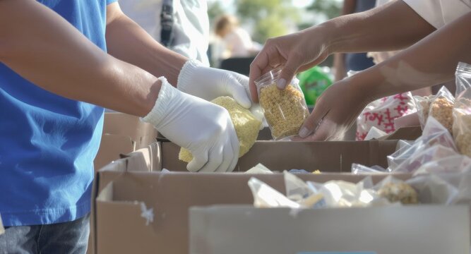 Volunteers packing food donations in boxes for charity