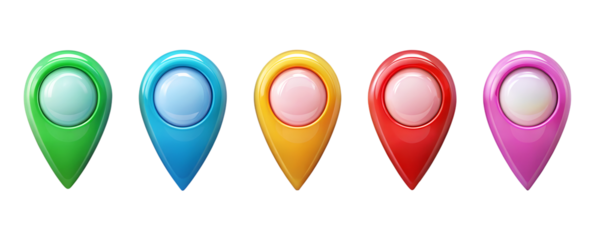Colorful map pointer icons in a row isolated on transparent background