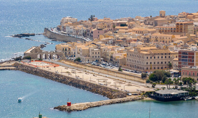 Aerial view of the waterfront on the island of Ortygia, Sicily, Italy. Here, along the coast of the...