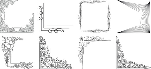 Set of eight decorative hand drawn borders and frames isolated on transparent background