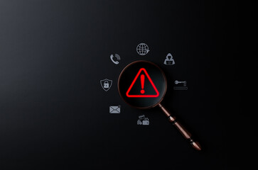 Cybersecurity threat detection concept. Magnifying glass on red alert symbol representing online risk, data breach, malware warning, scam, phishing, suspicious, unknown person, digital fraud awareness
