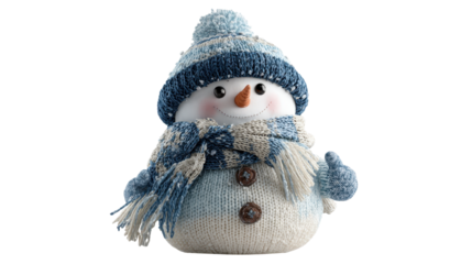 Knitted snowman toy is a festive decoration, representing winter, christmas, and holiday cheer, dressed in warm blue and white knitted accessories, giving a thumbs up gesture, png