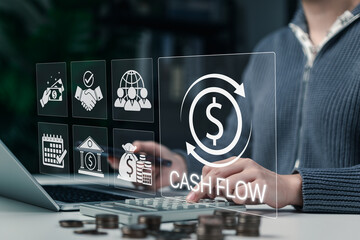 Cash flow management and financial analysis concept. Businessperson working on laptop with financial icon representing cash flow, banking, investment, business management, strategy, and data analysis.