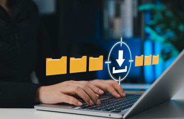 File download and data access concept, showing a woman using laptop with digital folder icons and download symbol, representing cloud storage, data transfer, and digital document management. dms,