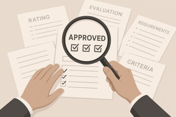 Hands examining approved evaluation documents with check marks, symbolizing efficiency, scrutiny, and decision-making in business processes.