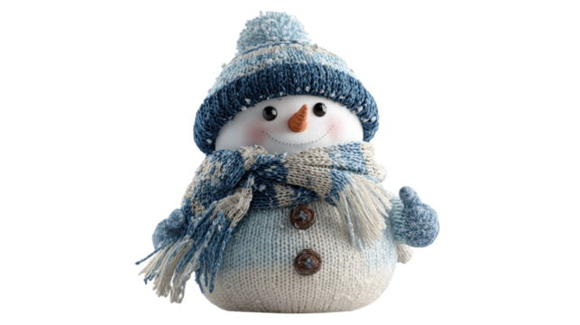 Knitted snowman toy is a festive decoration, representing winter, christmas, and holiday cheer, dressed in warm blue and white knitted accessories, giving a thumbs up gesture, png
