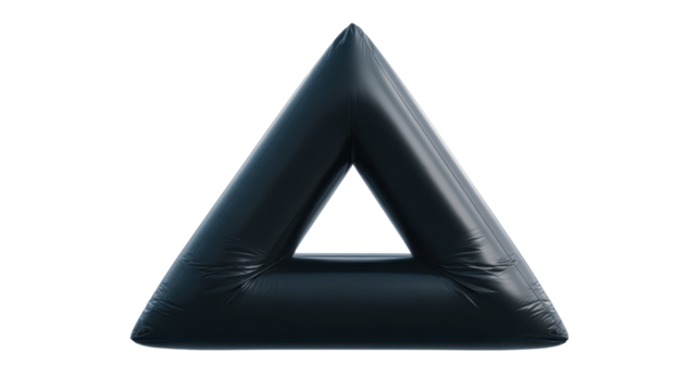 Black inflatable triangle shape creating a minimal abstract geometric design, highlighting mathematical form and modern simplicity, transparent background, png - Powered by Adobe