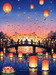 Silhouettes of people releasing flying lanterns into the sunset sky over a bridge and floating lanterns on the water for a holiday celebration.