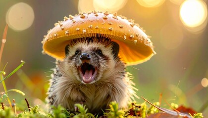 A cute hedgehog yawns in a sunlit meadow while wearing a bright mushroom cap like a tiny hat.