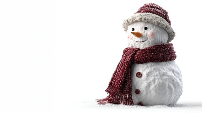 Snowman character wearing knit hat and scarf, smiling in winter wonderland scene, representing christmas holiday traditions, festive season greetings, and seasonal joy - Powered by Adobe
