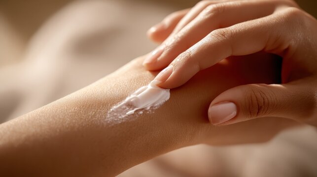 Woman applying moisturizing cream to her hand, pampering skin with self care to keep hands soft, healthy, and hydrated, enhancing daily beauty routine