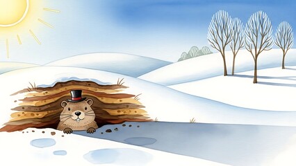 Groundhog wearing a top hat peeking from its burrow in a snowy landscape with the sun shining. Groundhog Day prediction concept for seasonal illustration.