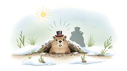 Groundhog in a top hat looking at its shadow coming out of a snowy burrow, Groundhog Day concept for seasonal greetings and weather prediction.