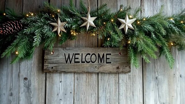 Decorations and wooden signs display a warm welcome with greenery and festive elements arranged in four frames