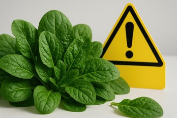 Fresh spinach leaves displayed alongside a caution sign, highlighting the importance of food safety and awareness in healthy eating. Concept of nutrition, health risks, and consumer education.