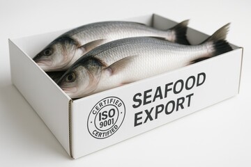 Fresh fish packaged in a certified seafood export box, highlighting quality and standards in the seafood industry. Concept of sustainability, trade, and food safety.