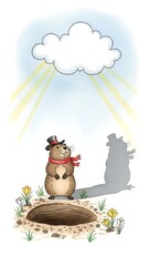 Groundhog in a top hat and scarf casting a shadow on a sunny day. Groundhog Day concept for greeting card and seasonal event design.
