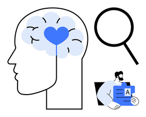 Human brain with heart symbolizing emotions, magnifying glass for research, person reading learning material. Ideal for mental health, education, research, empathy, analysis, understanding and human