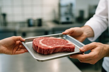 Chef presenting a beautifully marbled steak on a platter, highlighting culinary quality and freshness. Concept of gourmet food, culinary arts, and gastronomic excellence.