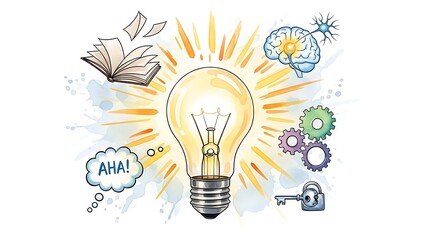Light bulb creative thinking process with brain, book, gears, and key. Idea generation concept for finding solution and knowledge.