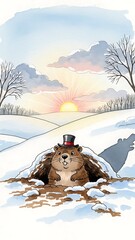 Groundhog in a top hat looking from its burrow in the snow, a cheerful illustration for Groundhog Day prediction and winter themes.