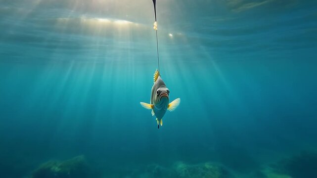 Underwater view of fish approaching bait on fishing hook, aquatic environment